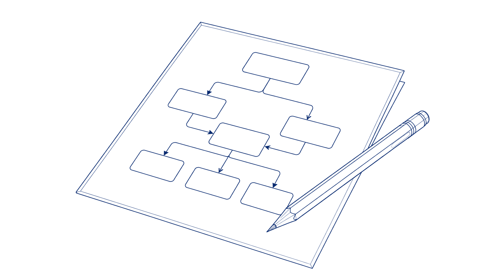 Line drawing of a system block diagram on a sheet — boxes joined by lines, one of them highlighted — with a pencil resting on it.
