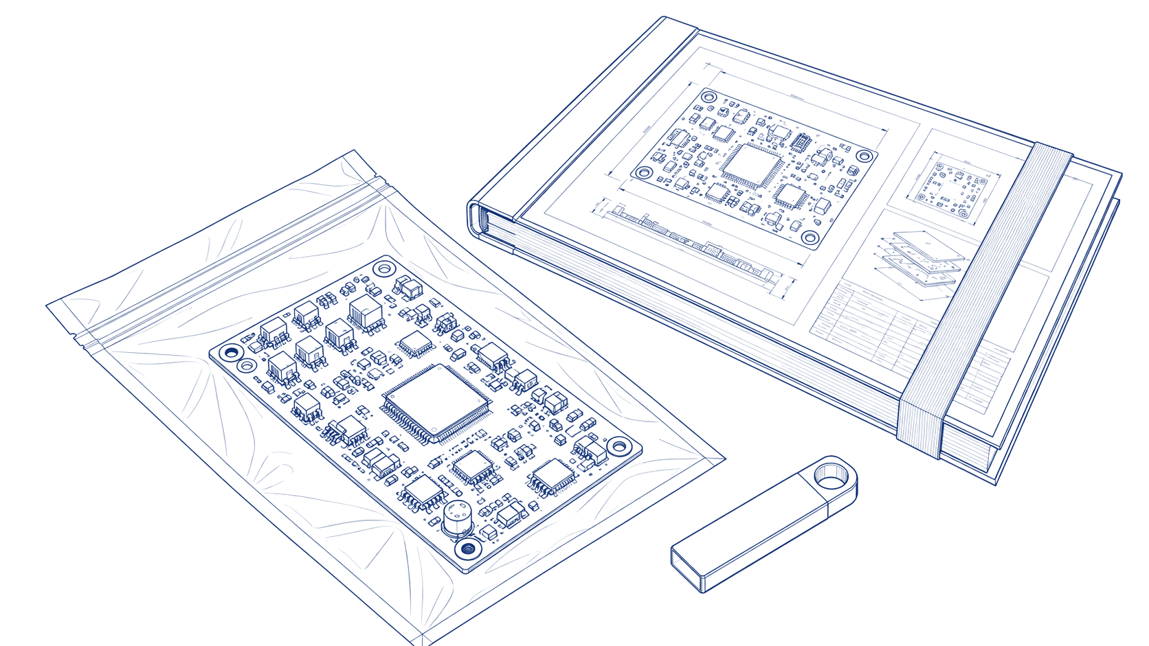 Line drawing of a finished board sealed in an antistatic bag, a binder of board drawings and a small drive beside it.